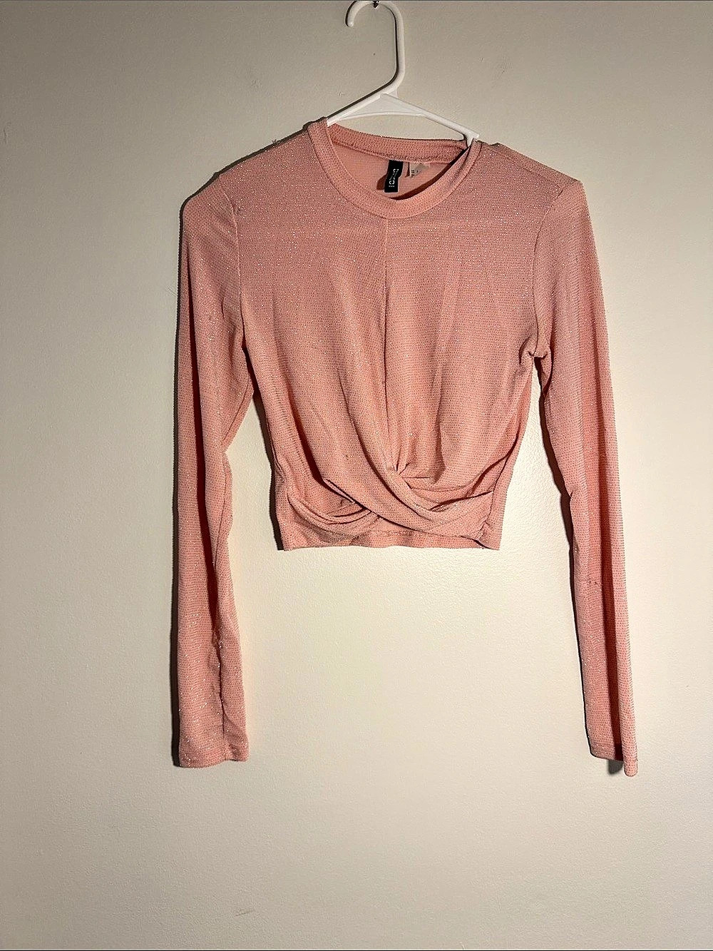 H&M Divided Pink Glitter Long Sleeve Twist Front Crop Top Small